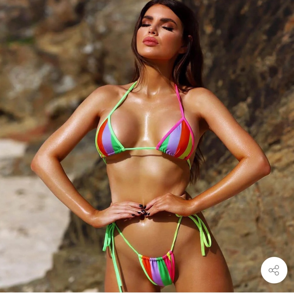 NWT Brazilian Bikini Swimsuits Swimwear RAINBOW STRIPE SELF TIE SLIDE TRIANGLE